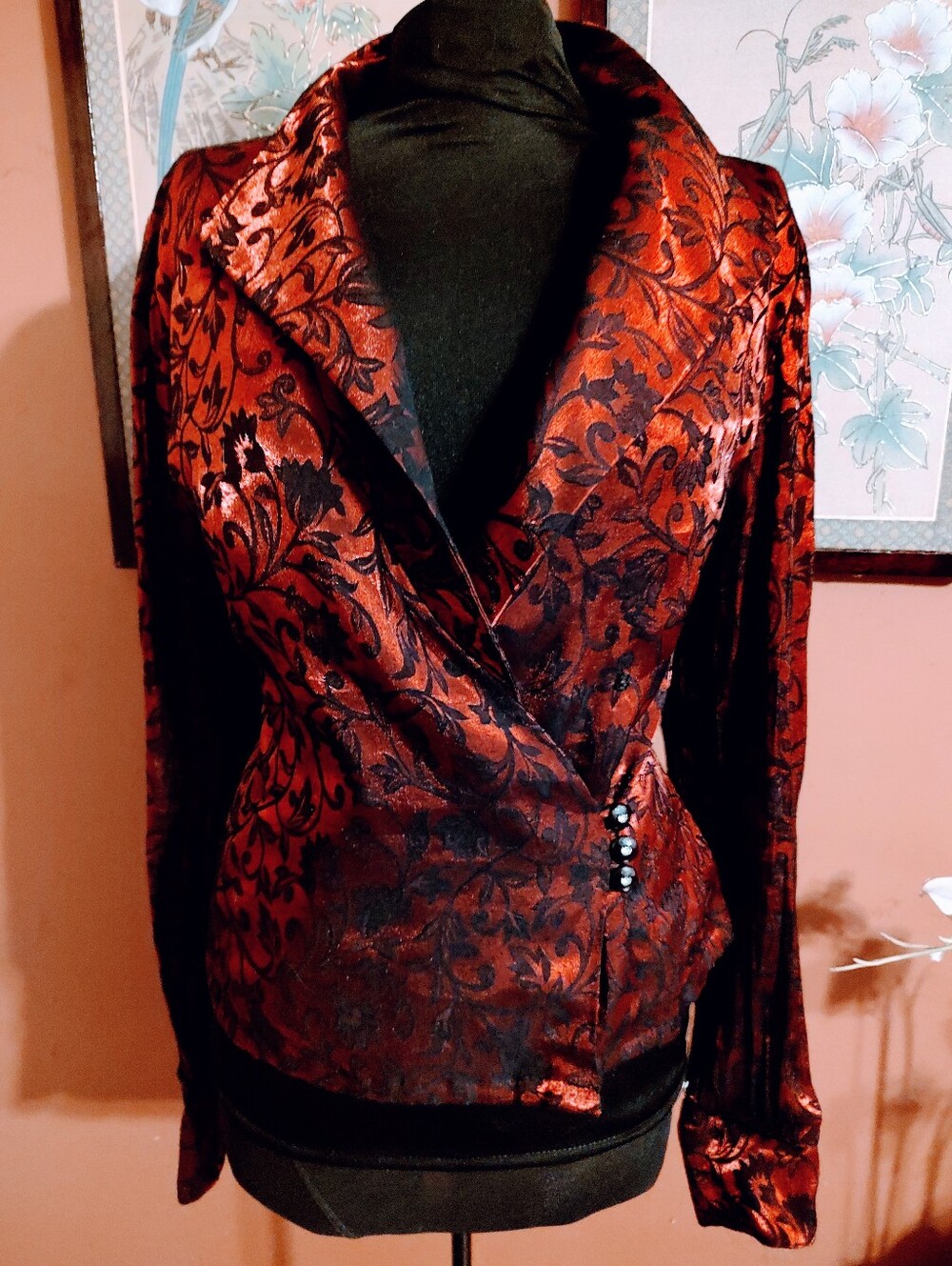 🌹🎀🌹Stunning Vtg Scarlet Crimson Red Metallic & Black Evening Jacket - 12